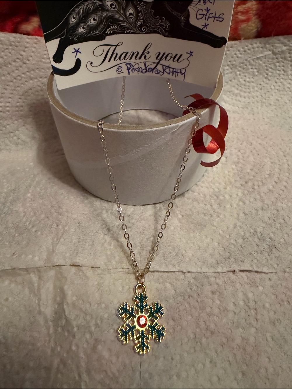 Gold Snowflake Pendant Necklace with Green and Red Accents - Women Jewelry